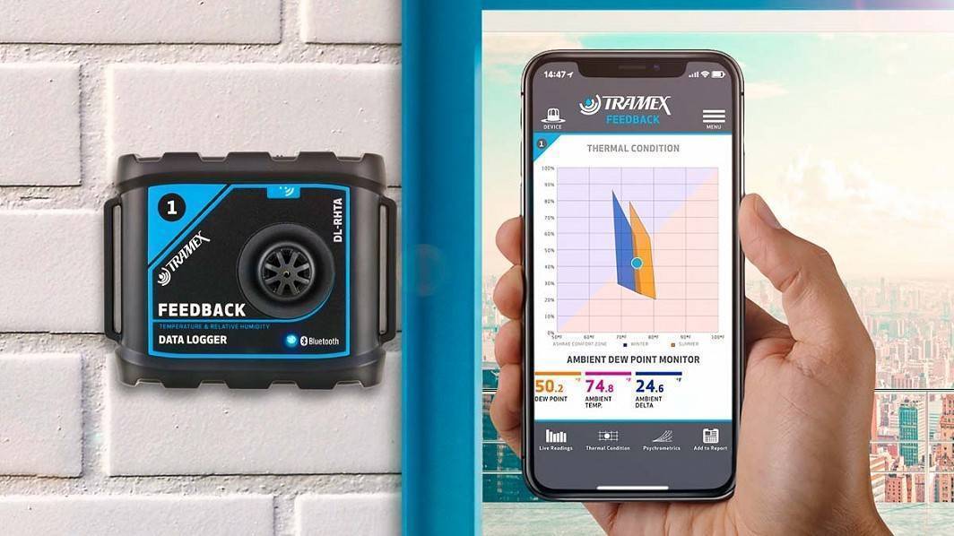Tramex FeedBack DataLogger DL-RHTA on Wall with App